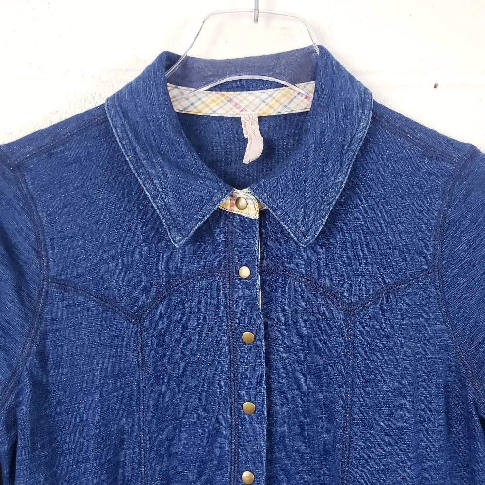 Free People Chambray Indigo Knit Baby Doll Snap Front Mini Dress Blue Size Small